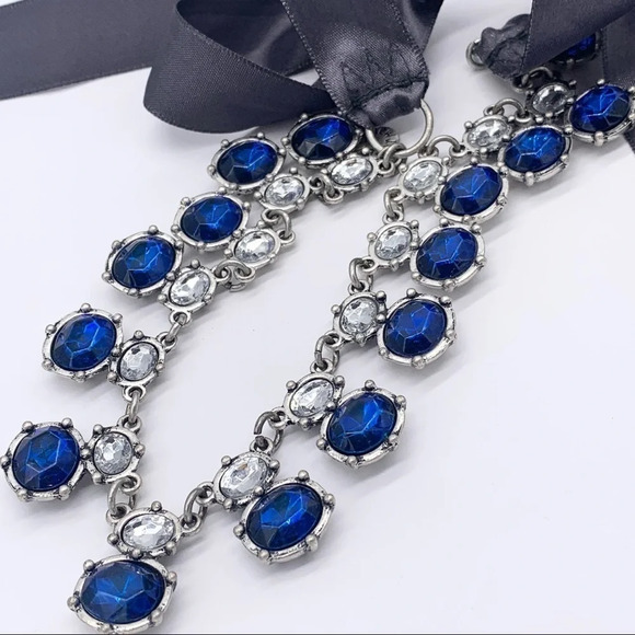 J. Crew Royal Blue Jeweled Ribbon Tie Necklace - Picture 2 of 3